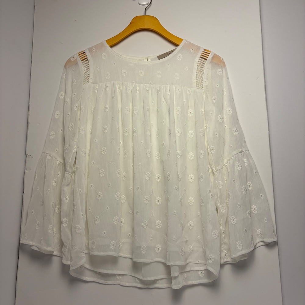 Ann Taylor LOFT Petites White Eyelet Embroidered Bell Sleeve Blouse XXSP 429895